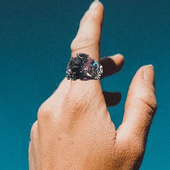 Gunmetal Gray Enamel Spider Multi Color Flowers Crystal Ring Size 10 - Picture 3 of 5